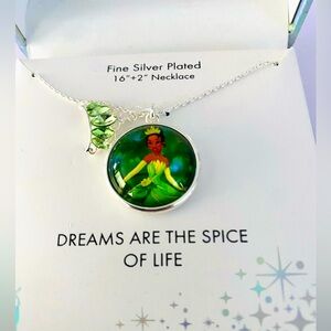 Disney Princess Tiana Necklace Glass Charm Pendant Crystal Tiara Bayou Green